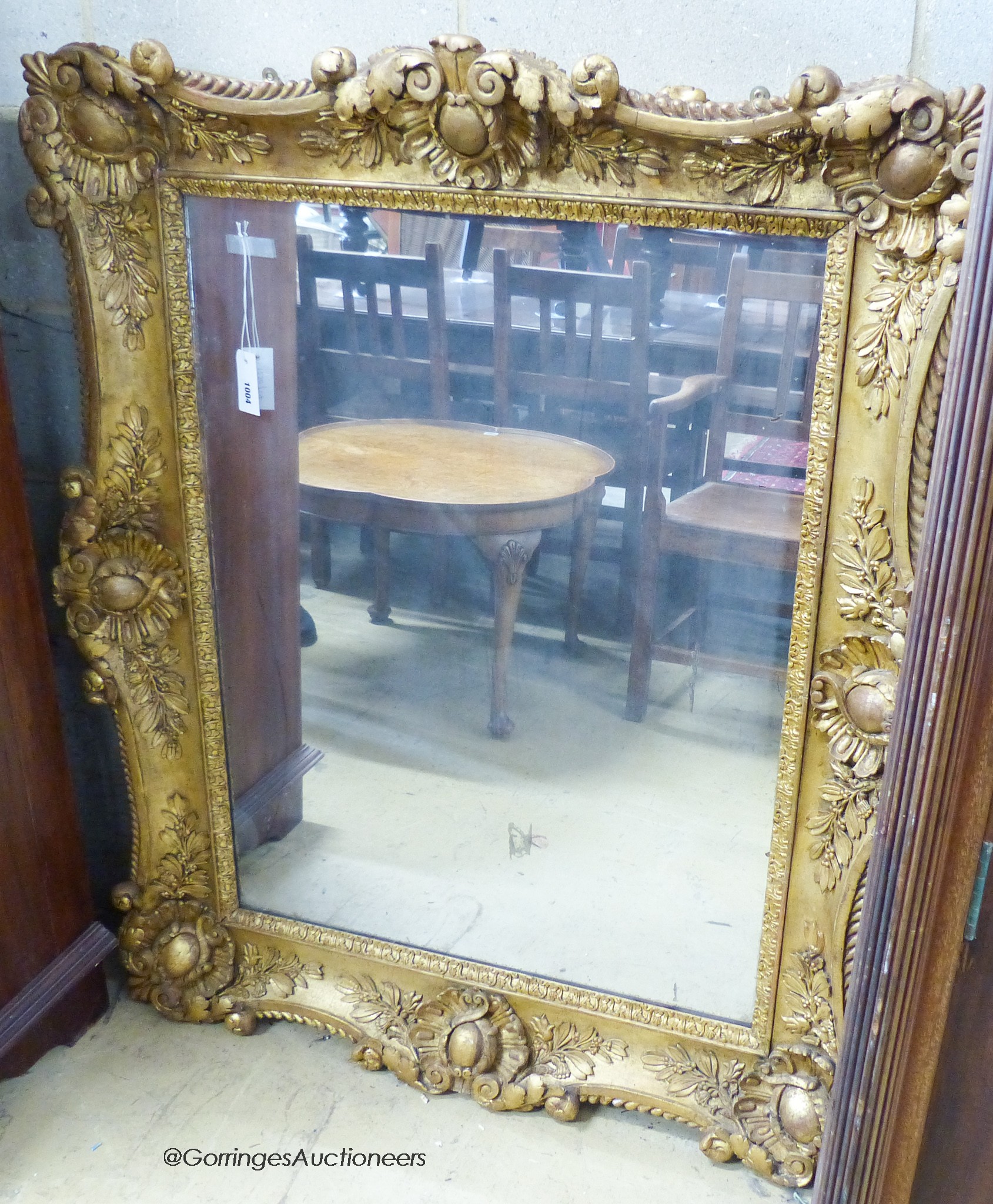 A Victorian rectangular gilt wood and gesso wall mirror. W-102, H-124cm.
